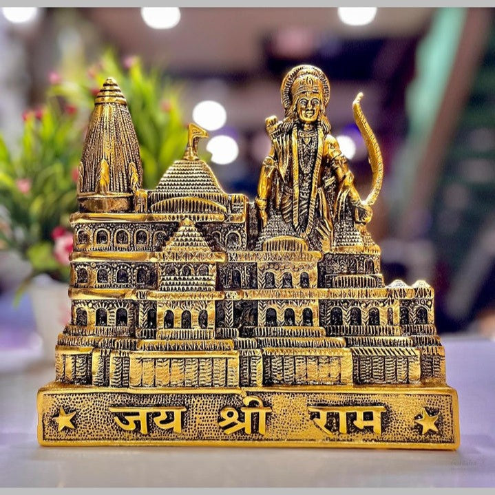 Fashtales Handicrafts Metal Shree Ram Mandir Architectural Model Prabu Shri Ram Janam Bhumi Ayodhya Showpiece for Home Decor, Office | Metal Showpiece - 22 X 21 Cm, Gold
