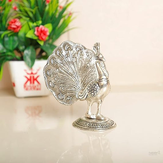 Fashtales Handicrafts Peacock Metal Statue,Silver Plated Peacock Showpiece Idol for Home Decorative Feng Shui As Table Top Figurine for Living Room,Office,Bedroom,Decorative & Animal Gifting Item
