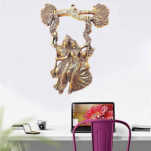 Fashtales Handicrafts Radha Krishana Murti on Swing Jhula Metal Statue Gold Antique Finish So Looks Very Beautiful for Decor Your Home,Office Walls,Showpiece Figurines,Religious Idol Gift Article...