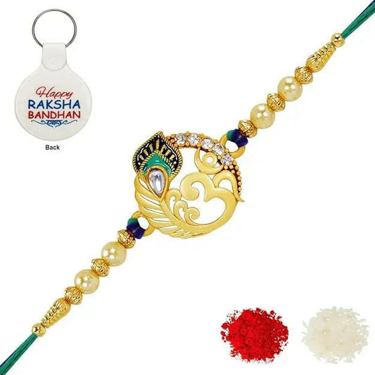 Fashtales Handicrafts Religious Meenakari Peacock and Om Rakhi with Roli Chawal, Greeting Card and and One Motivational Keychain