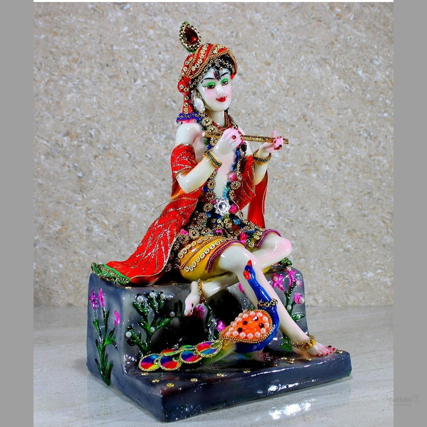 Fashtales Handicrafts Resin Krishna with Peacock Murti Idol Statue (12.5")