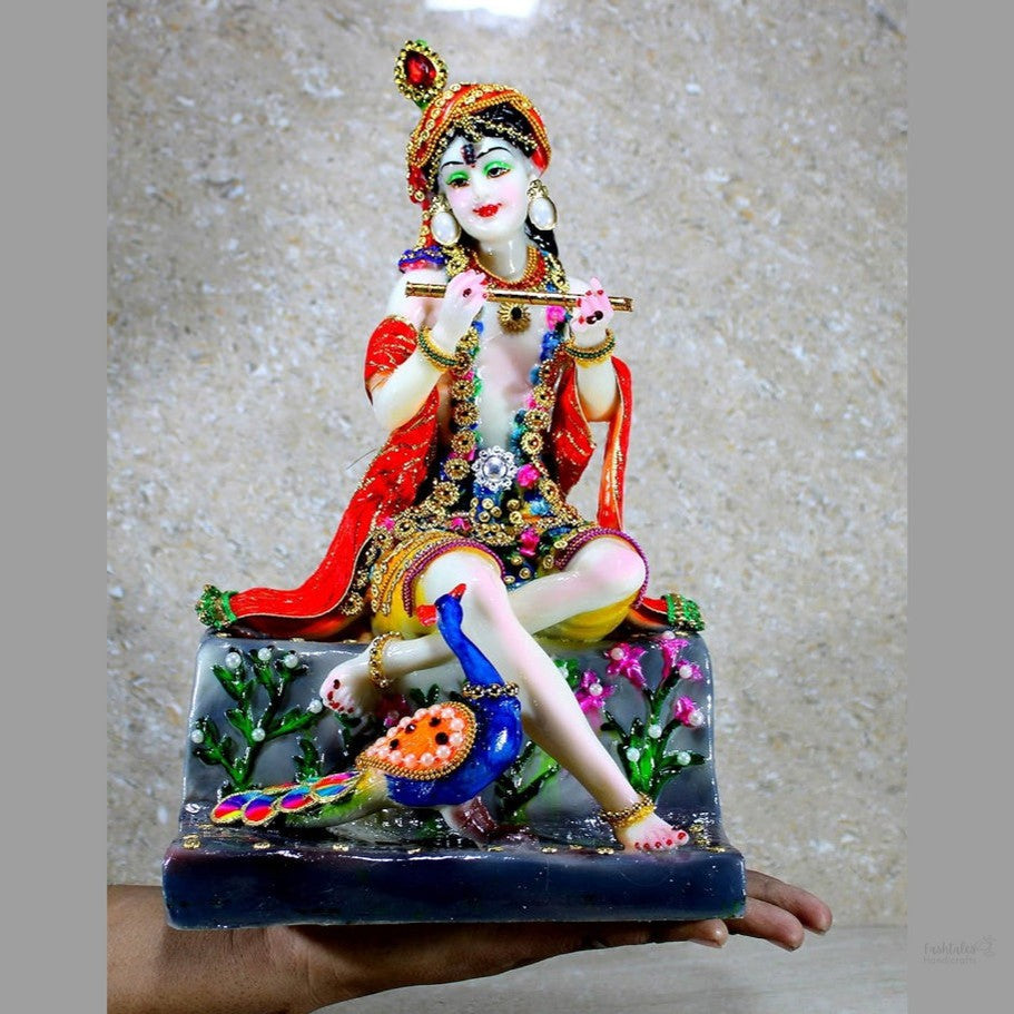 Fashtales Handicrafts Resin Krishna with Peacock Murti Idol Statue (12.5")