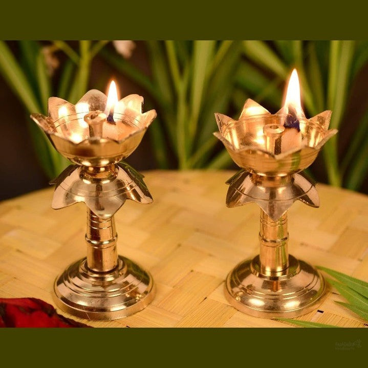 Fashtales Handicrafts Set of 2 Brass Diya for Puja Temple Decoration, Diya for Diwali - Lotus Shape Pillar Diya Stand Oil Lamp for Home Mandir Pooja Articles- Diwali Festive Gifts-3.8 Inch