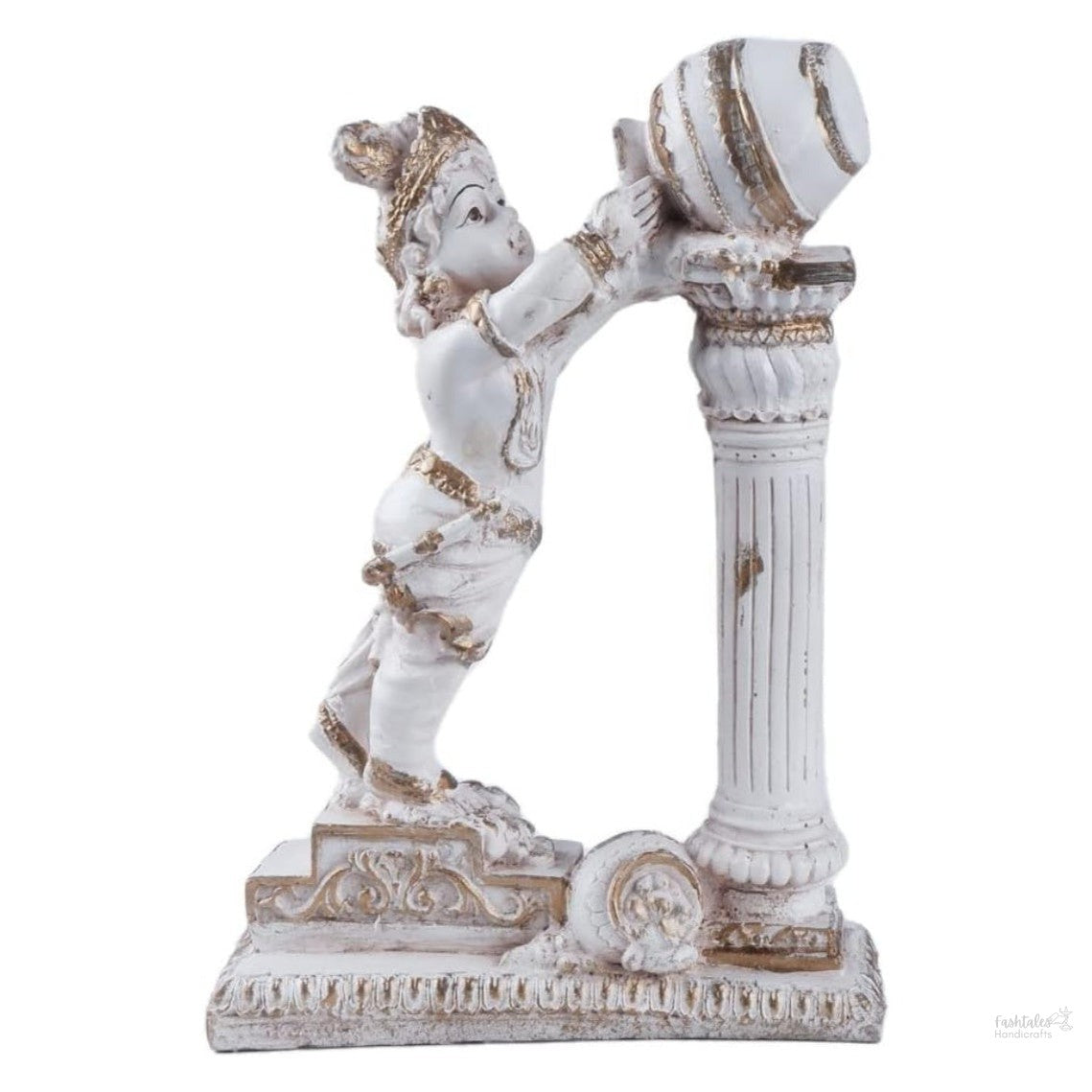 Fashtales Handirafts Premium Lord Krishna Figurine Lord Krishna Kanha Makhan Chor Idol Statue Sculpture Figurine Decorative Showpiece for Home Table Pooja Room Temple and Gift Item,Resin,White