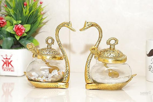 Fashtales handicrafts Kissing Duck Transparent Glass Bowl with Spoon Set of 2 pcs for Saunf Supari Tray,Dry Fruit and Candy for Home & Offce Table Decoration Animal Showpiece Serving Bowl Set...