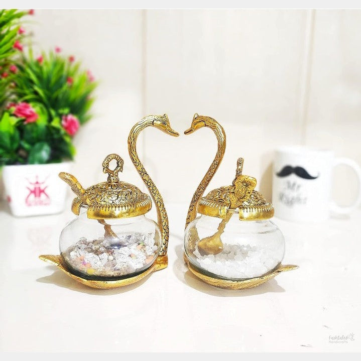 Fashtales handicrafts Kissing Duck Transparent Glass Bowl with Spoon Set of 2 pcs for Saunf Supari Tray,Dry Fruit and Candy for Home & Offce Table Decoration Animal Showpiece Serving Bowl Set...
