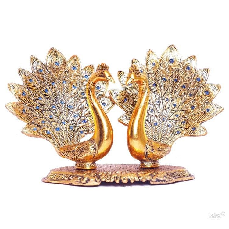 Fashtales handicrafts Metal Double Lovers Peacock Statue, Showpiece Figurine- Standard, Gold, 25 Cm, 16 Cm