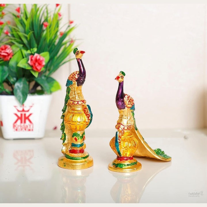 Fashtales handicrafts Metal Peacock Statue Multicolor Couple Pair Decorative Showpiece for Living Room Bedroom Home Office Decor Figurines Idol Murti Sculpture for Decoration & Gifting