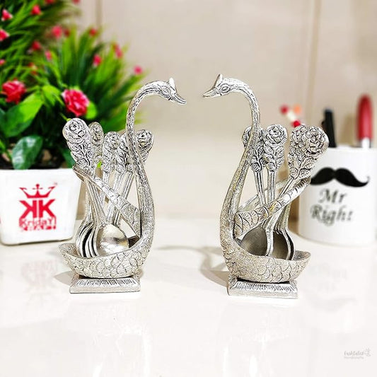 Fashtales handicrafts Metal Swan (Duck) Silver Spoon Stand for Dining Table Spoon Set with Stand/Decorative Spoon Rest Showpiece Item for Dining Table...