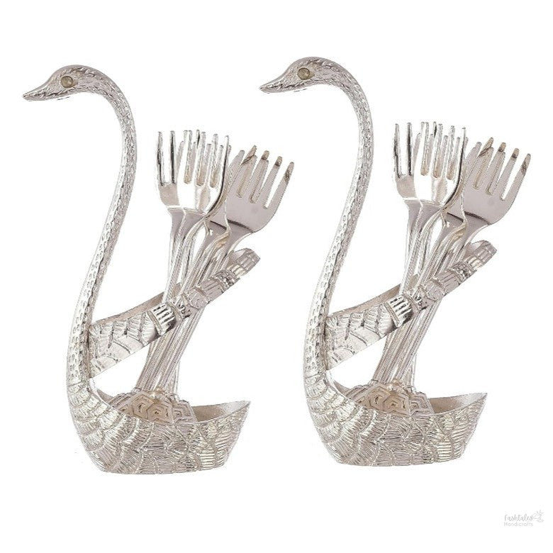 Fashtales handicrafts Metal Swan (Duck) Silver Spoon Stand for Dining Table/6 Pc Spoon Set with Stand/Decorative Spoon Rest Showpiece Item for Dining Table...