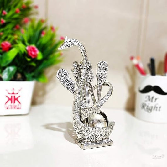 Fashtales handicrafts Metal Swan (Duck) Silver Spoon Stand for Dining Table/6 Pc Spoon Set with Stand/Decorative Spoon Rest Showpiece Item for Dining Table...