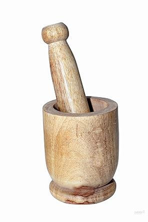 Fashtales handicrafts Wooden Carved Mortar and Pestle | Grinder for Herbs, Spices and Kitchen Usage, Natural Mango Wood | Handmade Mortar and Pestle // kharal/okhli
