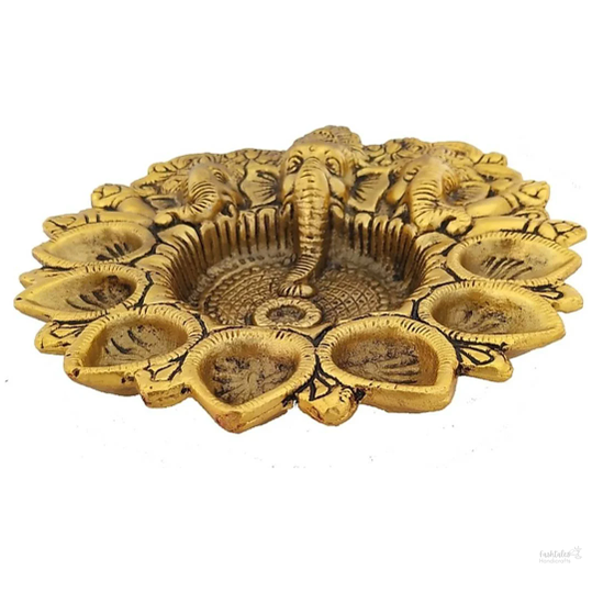 Ganesh Diya thali for Home and Office Temple Pooja, Gift (Aluminum, 1 pieces, Gold Plated)