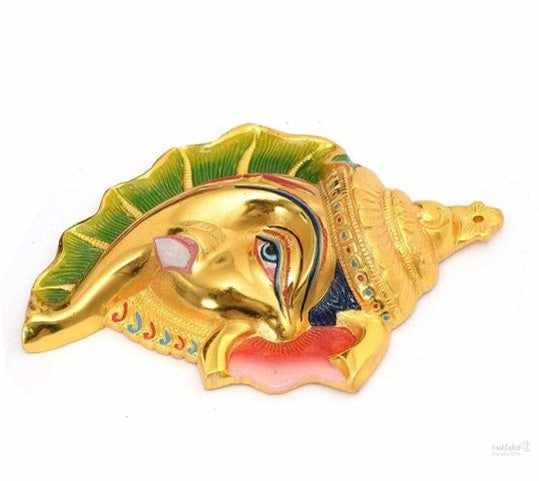 Ganesh ji on shankh, colorfull wall hanging, decorative showpiece for home, office and temple- 18cm (metal, multicolour) handmade