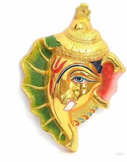 Ganesh ji on shankh, colorfull wall hanging, decorative showpiece for home, office and temple- 18cm (metal, multicolour) handmade