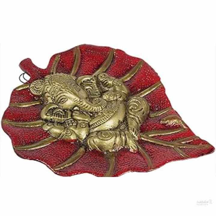 Ganesh ji sits on green volor pipal leaf wall hanging for home, office, temple, room decor 20cm (metal, gold & red) handmade