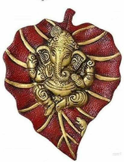 Ganesh ji sits on green volor pipal leaf wall hanging for home, office, temple, room decor 20cm (metal, gold & red) handmade