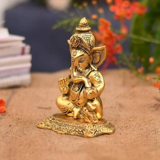 Ganesh statue with rat for home, office, temple, gifting purpose, decorative showpiece- 13.5cm (metal,gold) handmade