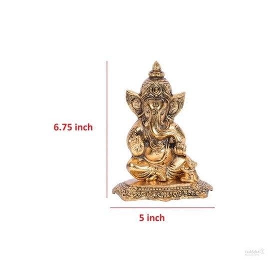 Ganesh statue with rat for home, office, temple, gifting purpose, decorative showpiece- 13.5cm (metal,gold) handmade