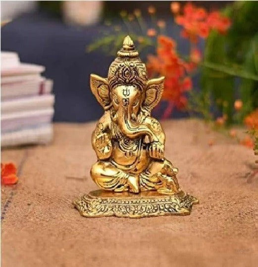 Ganesh statue with rat for home, office, temple, gifting purpose, decorative showpiece- 13.5cm (metal,gold) handmade