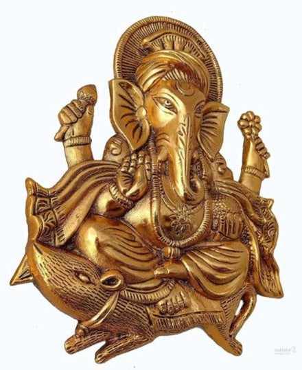 Ganesh wall hanging idol sit on rat for worship/pooja/gifting item for home/office/temple/car use decorative- 27cm (metal,gold) handmade