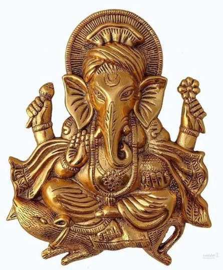 Ganesh wall hanging idol sit on rat for worship/pooja/gifting item for home/office/temple/car use decorative- 27cm (metal,gold) handmade