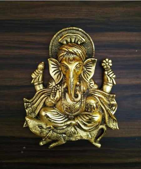 Ganesh wall hanging idol sit on rat for worship/pooja/gifting item for home/office/temple/car use decorative- 27cm (metal,gold) handmade