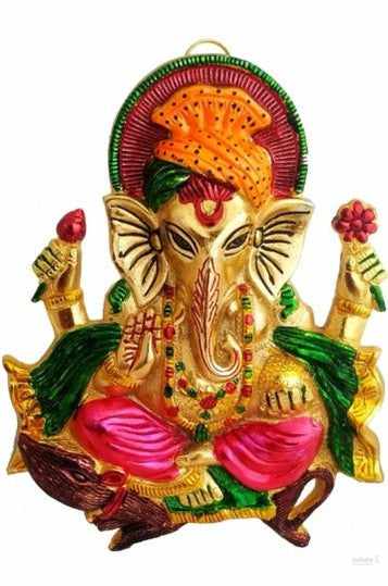 Ganesh wall hanging idol sit on rat for worship/pooja/gifting item for home/office/temple/car use decorative showpiece - 27cm(metal)handmade