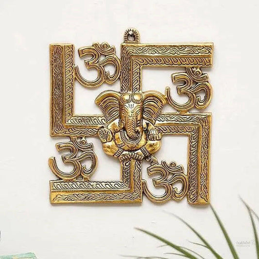 Fashtales Handicrafts Ganesha Metal Statue,Ganpati Wall Hanging Sculpture,Metal Swastik Ganesha Murti Lucky For Home & Office , Gold