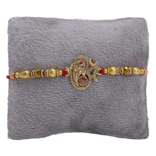 Fashtales Handicrafts Glorious Gold Plated Auspicious and Diamond Ring Rakhi with Roli Chawal and Greeting Card