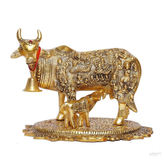 Gold Plated Kamdhenu Cow with Calf Metal Statue for Good Luck Feng Shui & Vastu Showpiece As Table Top Religious Idol Gau MATA for Home Office Decorative,Animal Showpiece