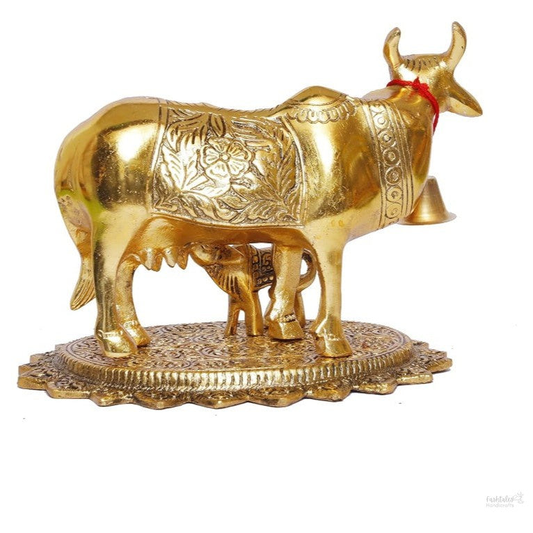 Gold Plated Kamdhenu Cow with Calf Metal Statue for Good Luck Feng Shui & Vastu Showpiece As Table Top Religious Idol Gau MATA for Home Office Decorative,Animal Showpiece