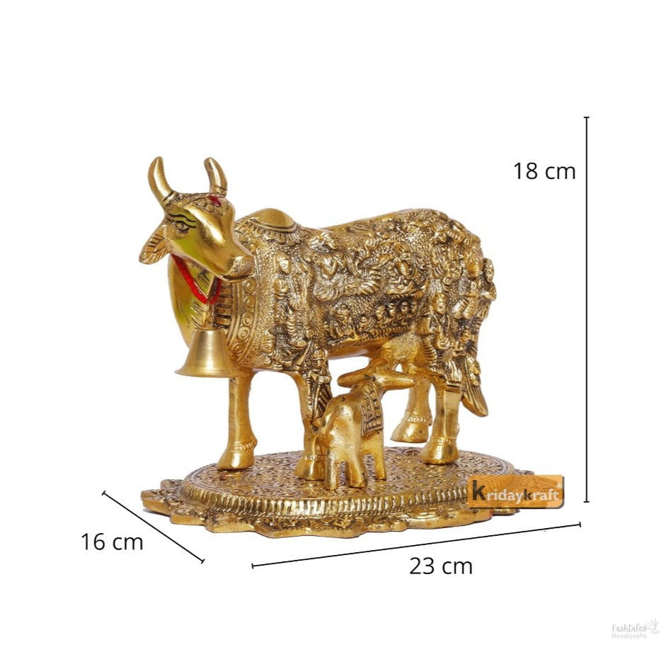 Gold Plated Kamdhenu Cow with Calf Metal Statue for Good Luck Feng Shui & Vastu Showpiece As Table Top Religious Idol Gau MATA for Home Office Decorative,Animal Showpiece