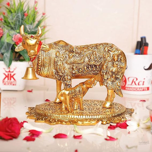 Gold Plated Kamdhenu Cow with Calf Metal Statue for Good Luck Feng Shui & Vastu Showpiece As Table Top Religious Idol Gau MATA for Home Office Decorative,Animal Showpiece