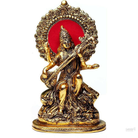 Gold Plated Maa Saraswati Metal Statue,Hindu Goddess Saraswati ji Murti for Pooja,Meditation,Office,Home,Study Table Decorative,Showpiece Figurines,Religious Idol Gift Article...