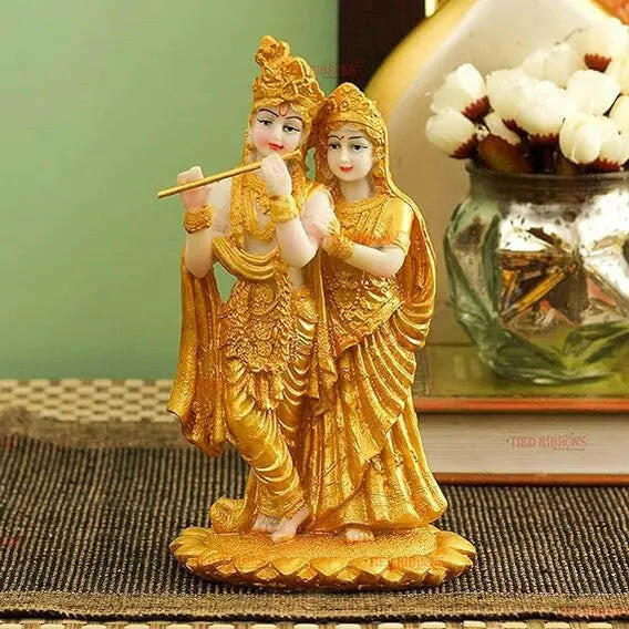 Fashtales Handicrafts Gold Plated Radha Krishna Idol Statue Showpiece (Resin, 19 cm x 11 cm) - Decoration Items for Home Decor Living Room Mandir Temple Pooja Room Table Top Office Decorative Gifts