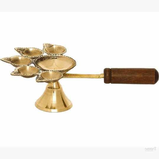 Golden Brass Panchdeep Diya for 5 Cotton Wicks with Wooden Holder - Decorative Brass Diya for Spiritual Ceremonies, Home Decor - Gift for Di