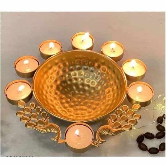 Golden Peacock Border Design Iron Urli Bowl/Candle Festive Home Decor Indoor and Outdoor, 12 inch