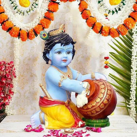 Fashtales handicrafts Hand Carved Baby Krishna Resin Sculpture Lord Krishna Makhan Chor Idol,7X 5 Inch (Blue)