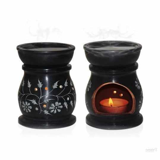 Handcrafted Soapstone Aroma Burner Oil Diffuser and 1 Tea Light Candle (Black)