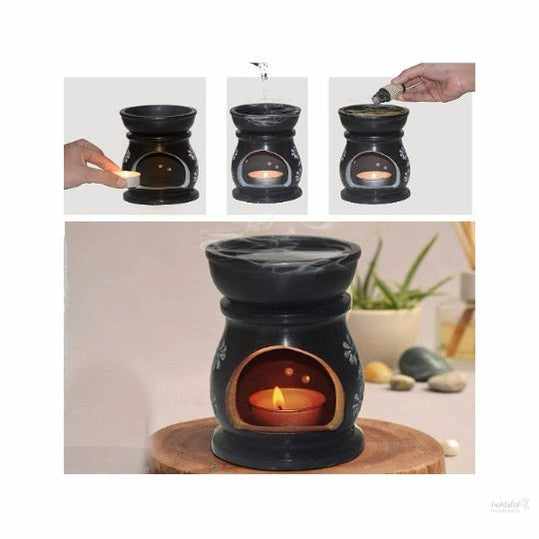 Handcrafted Soapstone Aroma Burner Oil Diffuser and 1 Tea Light Candle (Black)