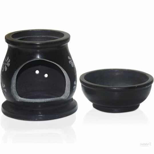 Handcrafted Soapstone Aroma Burner Oil Diffuser and 1 Tea Light Candle (Black)