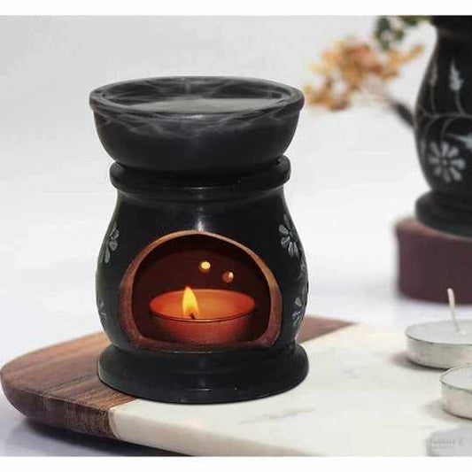 Handcrafted Soapstone Aroma Burner Oil Diffuser and 1 Tea Light Candle (Black)