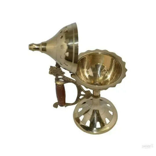 Handcrafted metal brass lobandan, brass incense burner with wooden handle,brass vessel long incense charcoal burner for home puja and gift