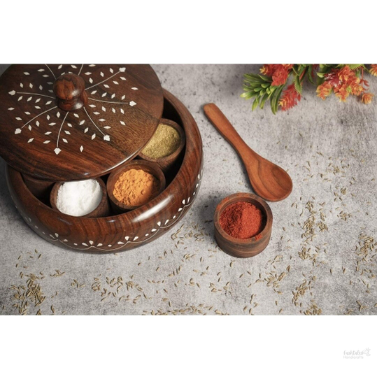 Handicraft Premium Pakka Sheesham Wood Masala Box | Spice Box Crafted by Saharanpur Artisans - 8 inch