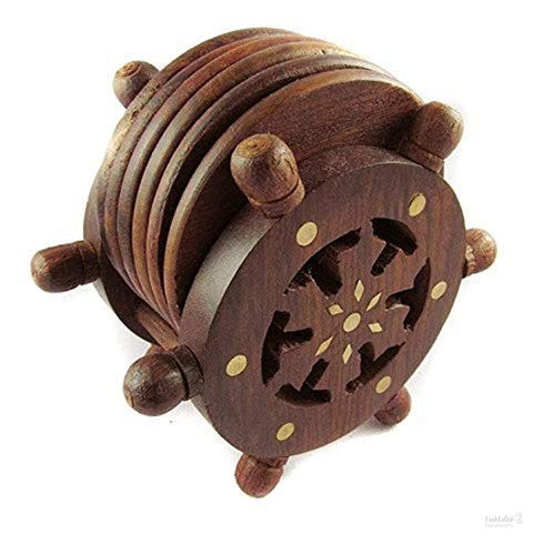 Handicrafts Wooden Wheel Shape Tea Coster Set of 6 Plate with Stand Dining Table Serving Office Handmade (Brown)