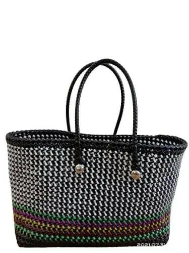 Fashtales handicrafts Handmade Black And White (Wire Koodai - Multicolor Border Grocery Basket) - Picnic Bag/Return Gift (30 X 13 X 25 Cm) - Rectangular