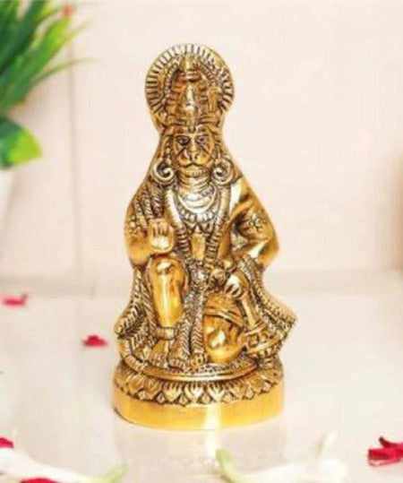 Hanuman ji/bajrangbali idol statue for home, office, temple, decorative showpiece - 15cm (metal,gold) handmade
