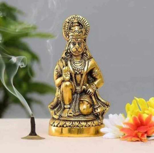 Hanuman ji/bajrangbali idol statue for home, office, temple, decorative showpiece - 15cm (metal,gold) handmade
