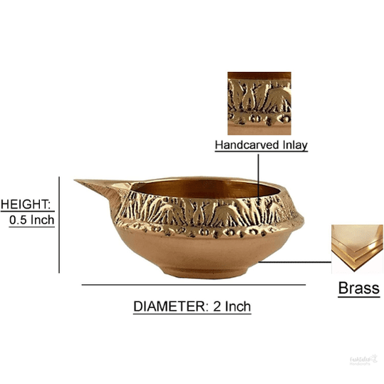 Indian Puja Brass Oil Lamp - Golden Diya Lamp Engraved Design Dia - 2.5 Inch (Set of 10)